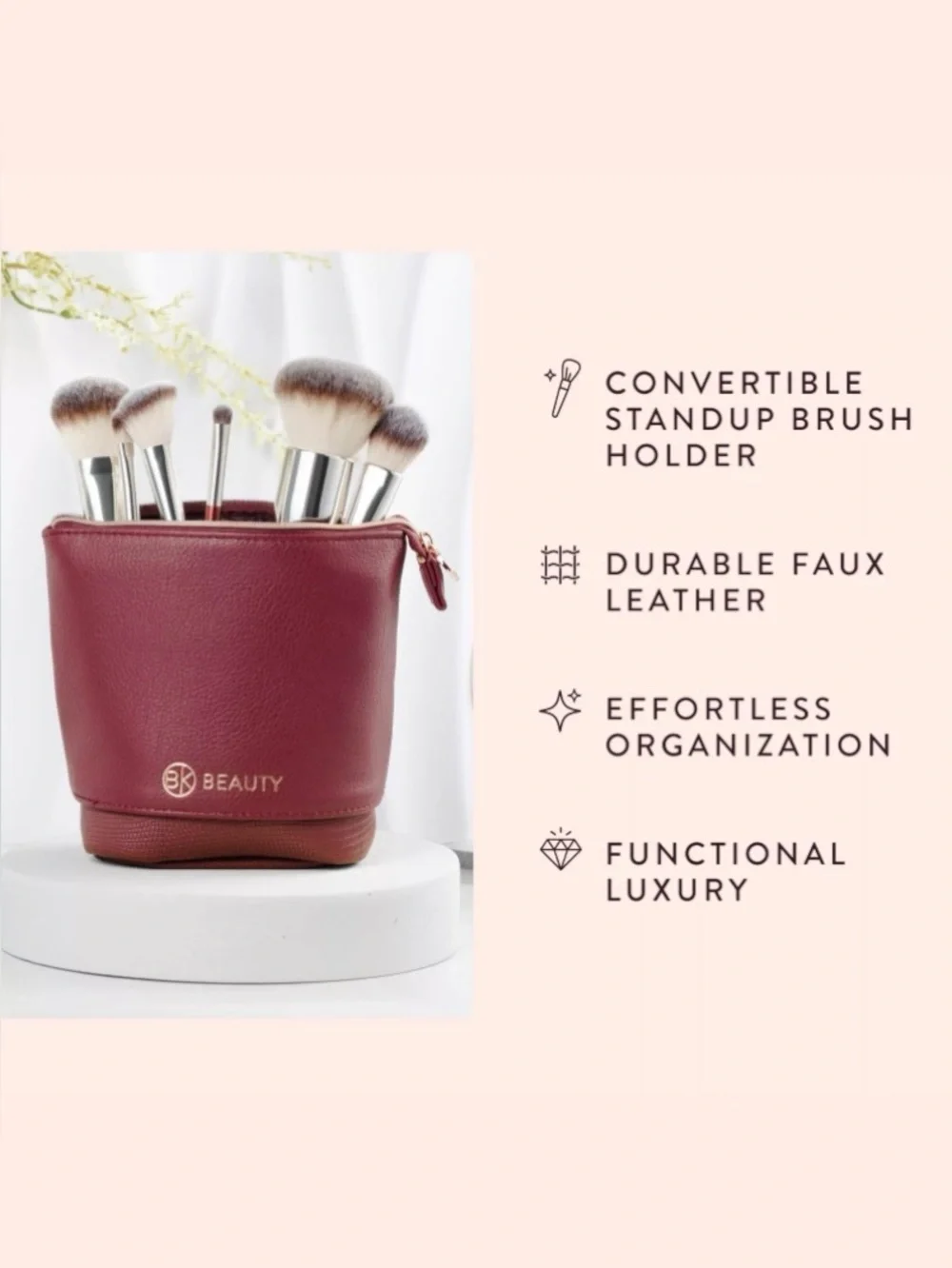 NWT BK Beauty Standup Brush Holder Travel Makeup Bag Burgundy Vegan Leather Case